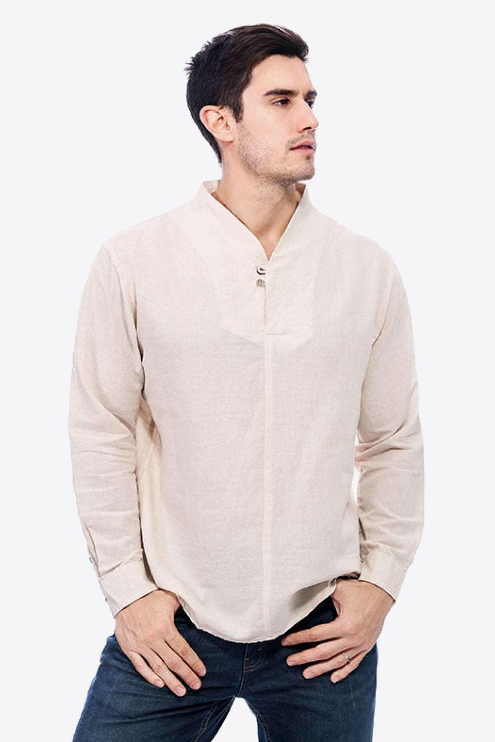 Buttoned V-Neck Long Sleeve Linen Tee 