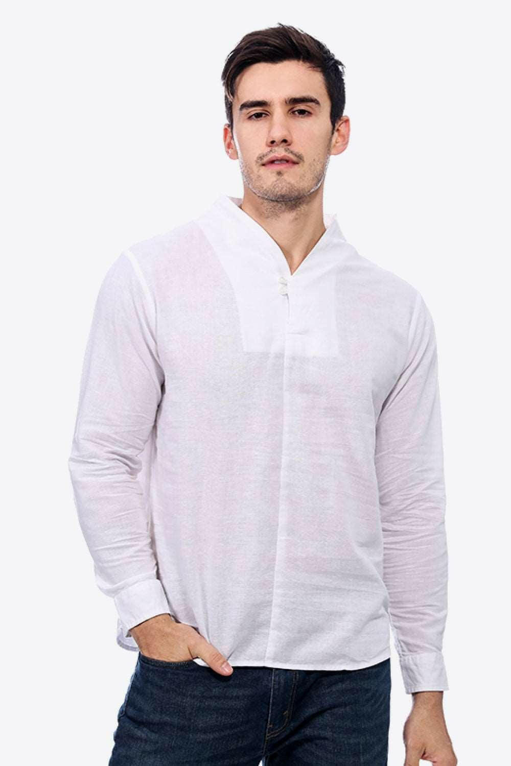 Buttoned V-Neck Long Sleeve Linen Tee 