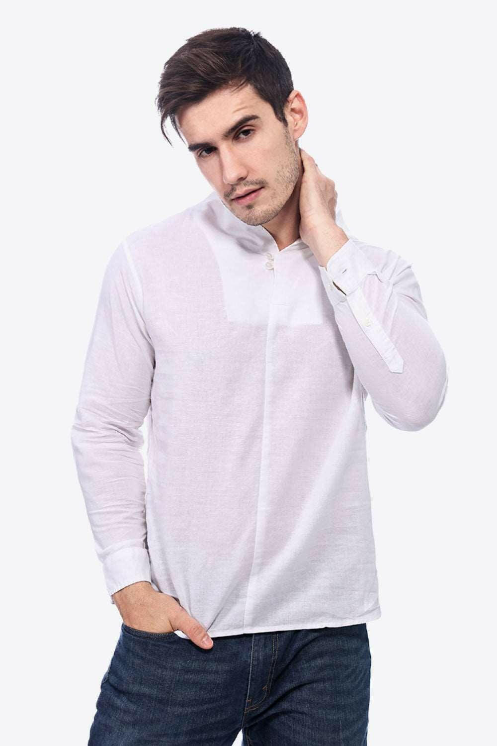 Buttoned V-Neck Long Sleeve Linen Tee 