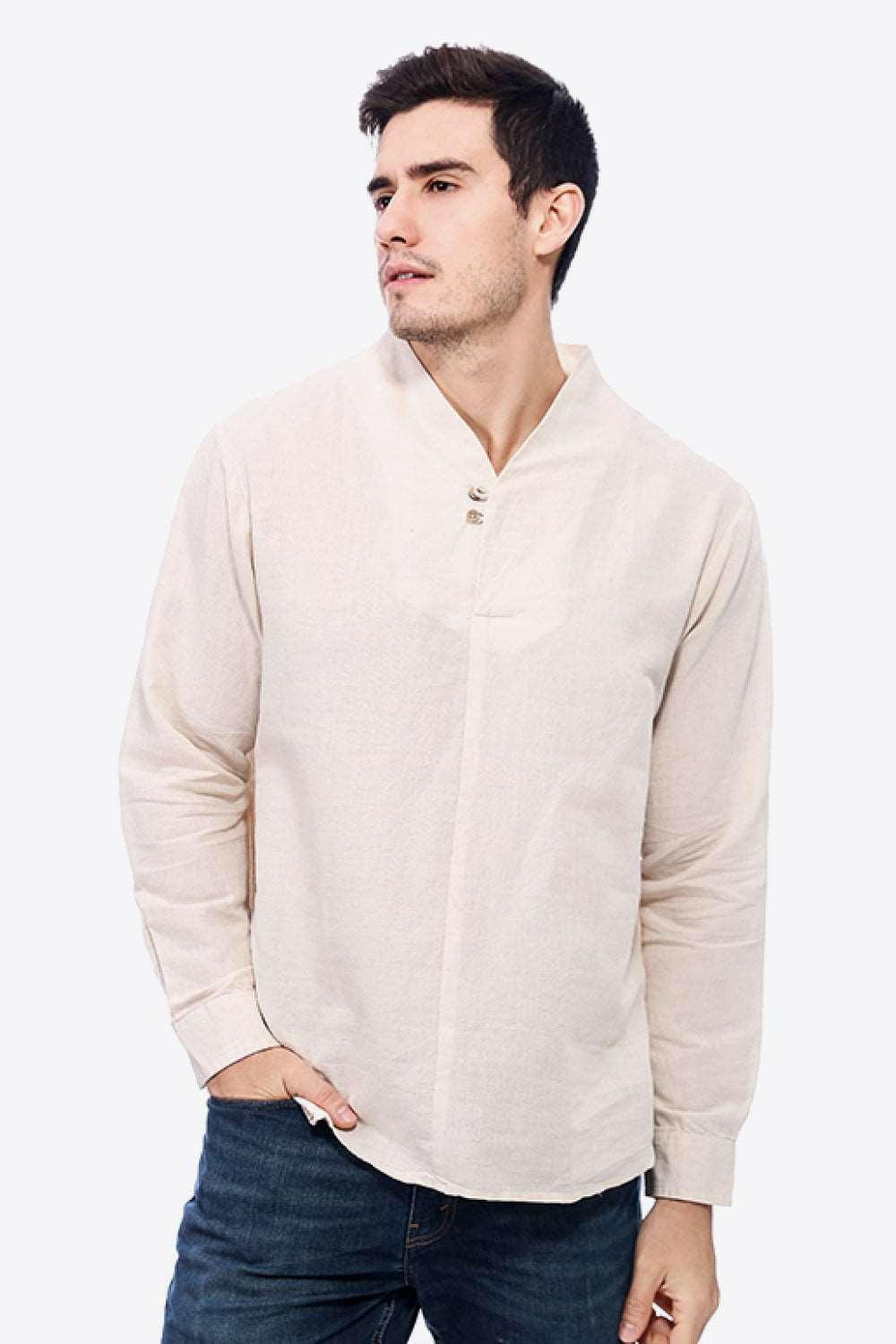 Buttoned V-Neck Long Sleeve Linen Tee 