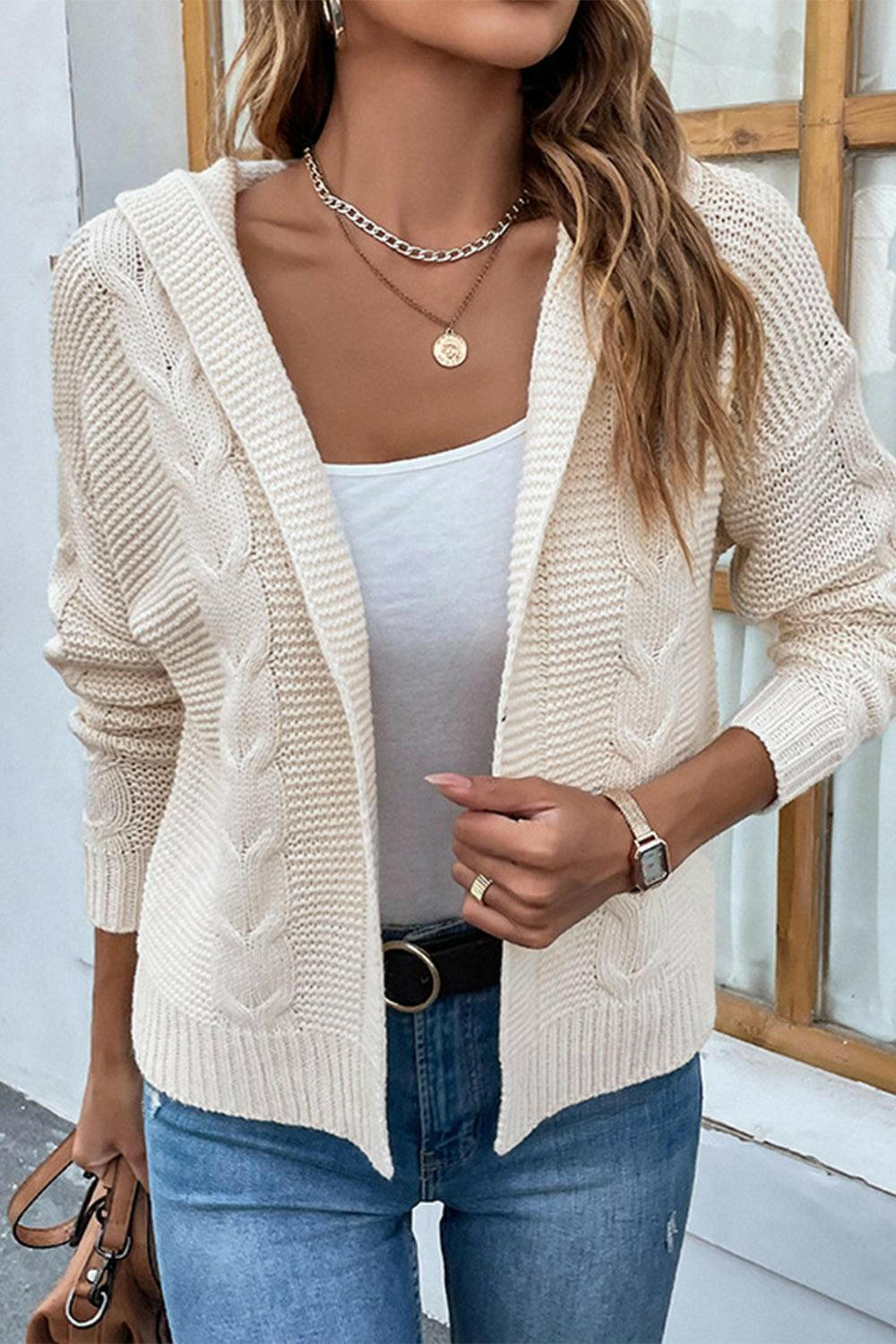 Cable-Knit Dropped Shoulder Hooded Cardigan | On sale | 65%