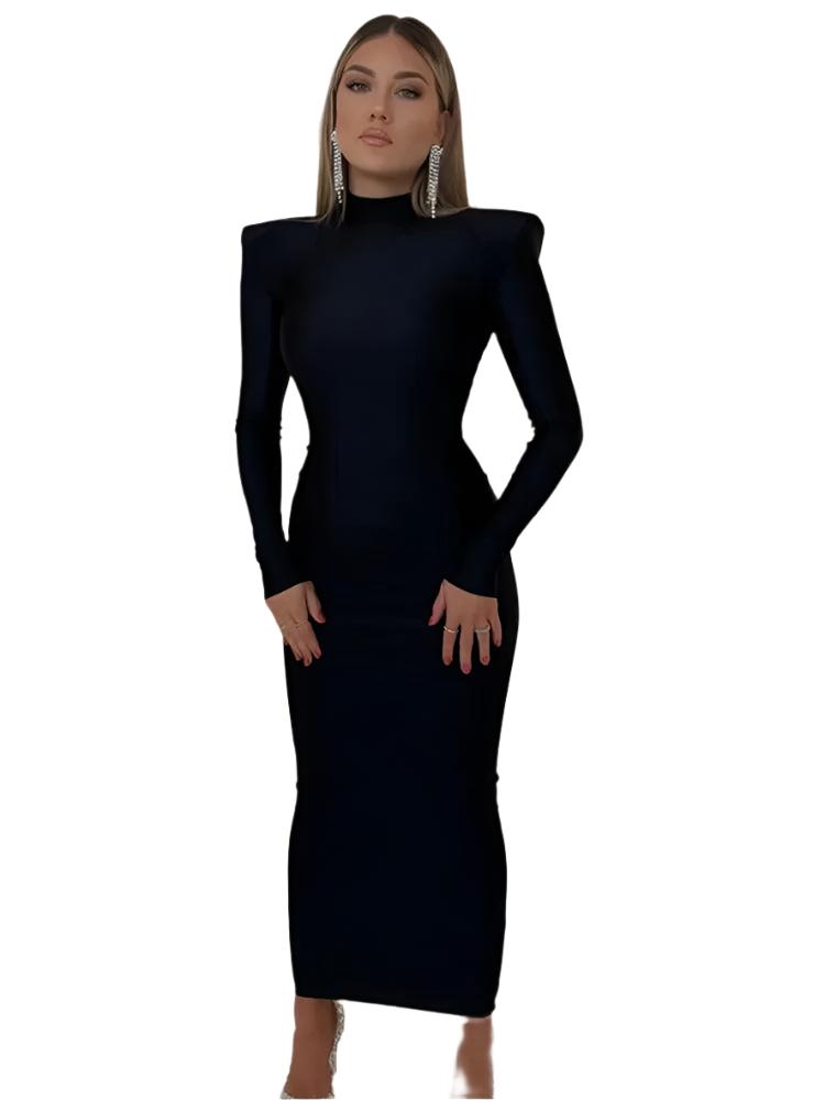 Solid Long Sleeve Turtleneck Maxi Dress With Shoulder Pads