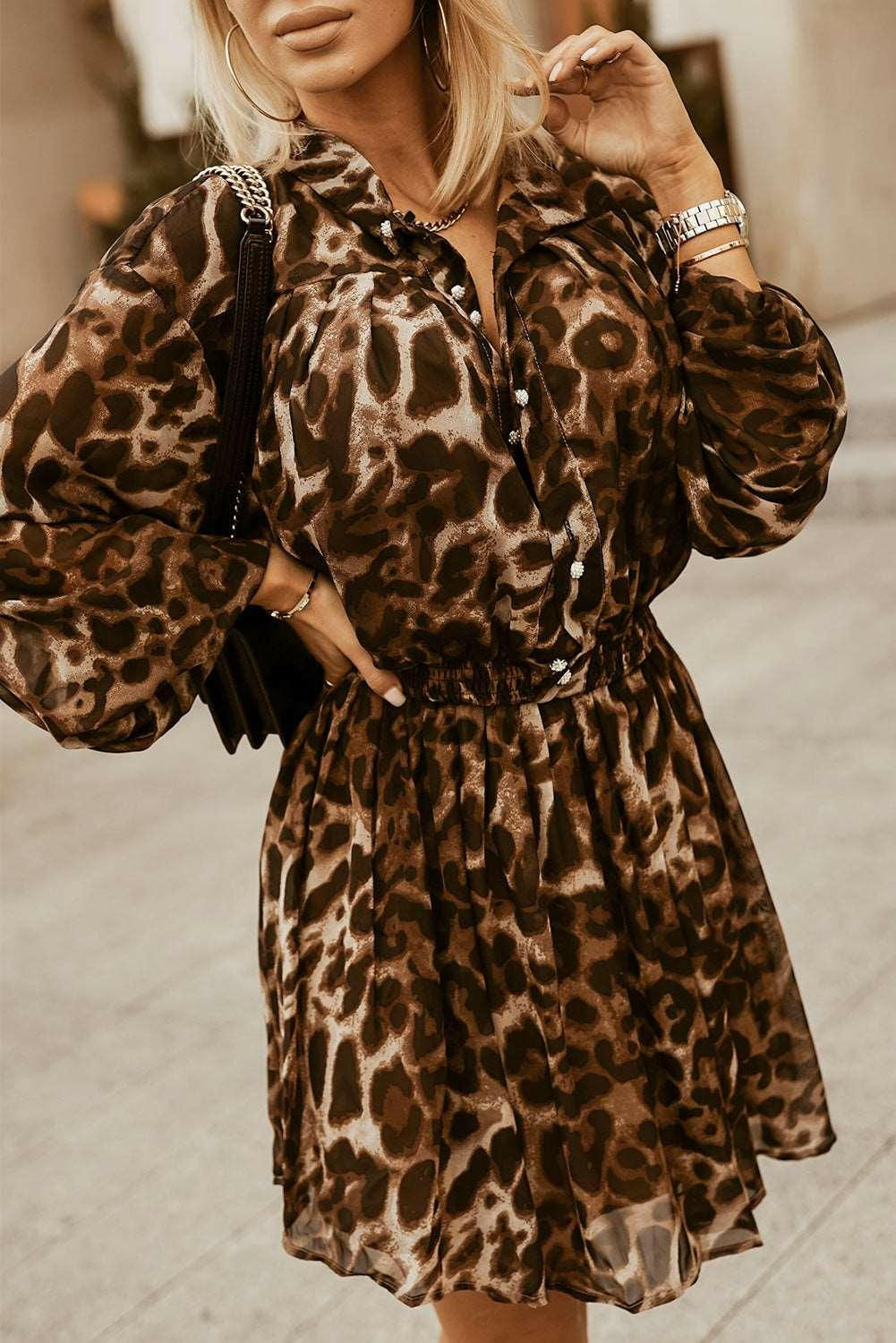 Leopard Buttoned Balloon Sleeve Dress 