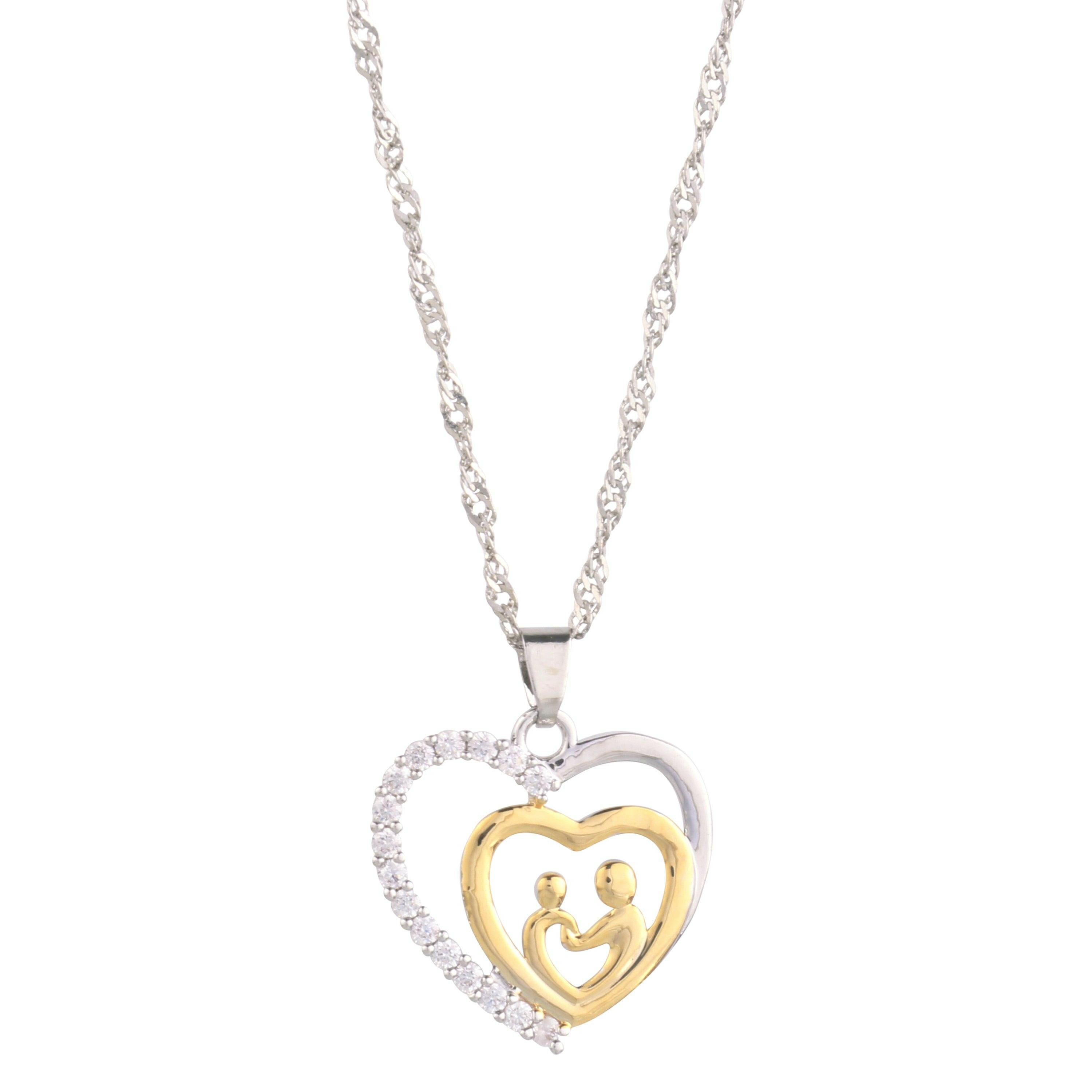 Mother and Child Pave Heart Pendant Necklace