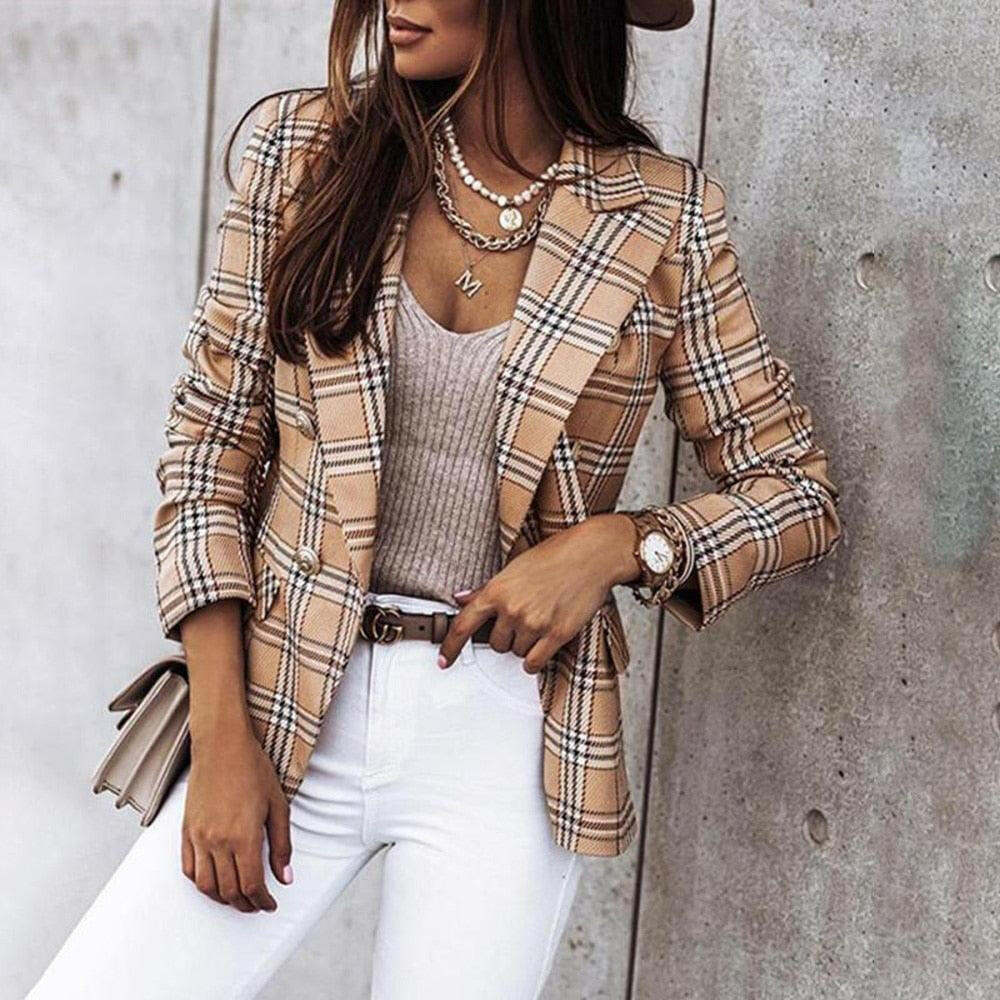 Women's Plaid Blazer - Khaki 