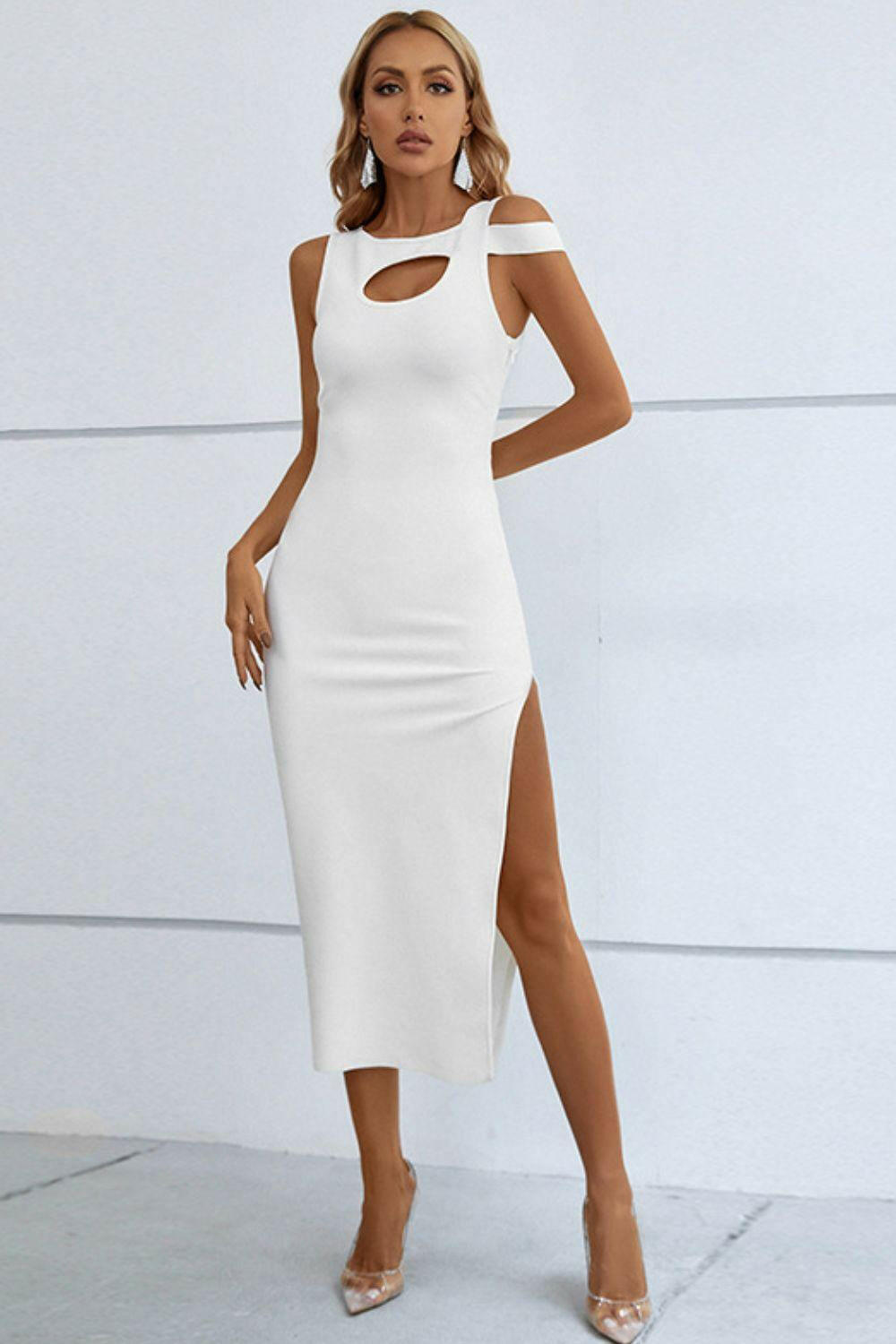 Cutout Round Neck Side Split Midi Dress 