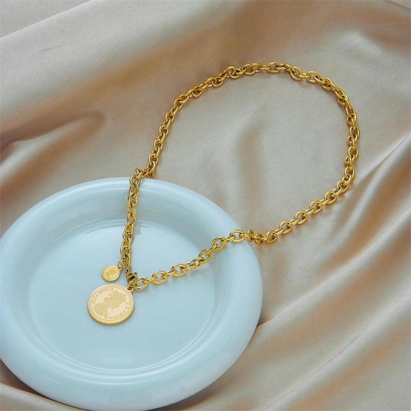 Stainless Steel Gold Round Portrait Coin Necklace 