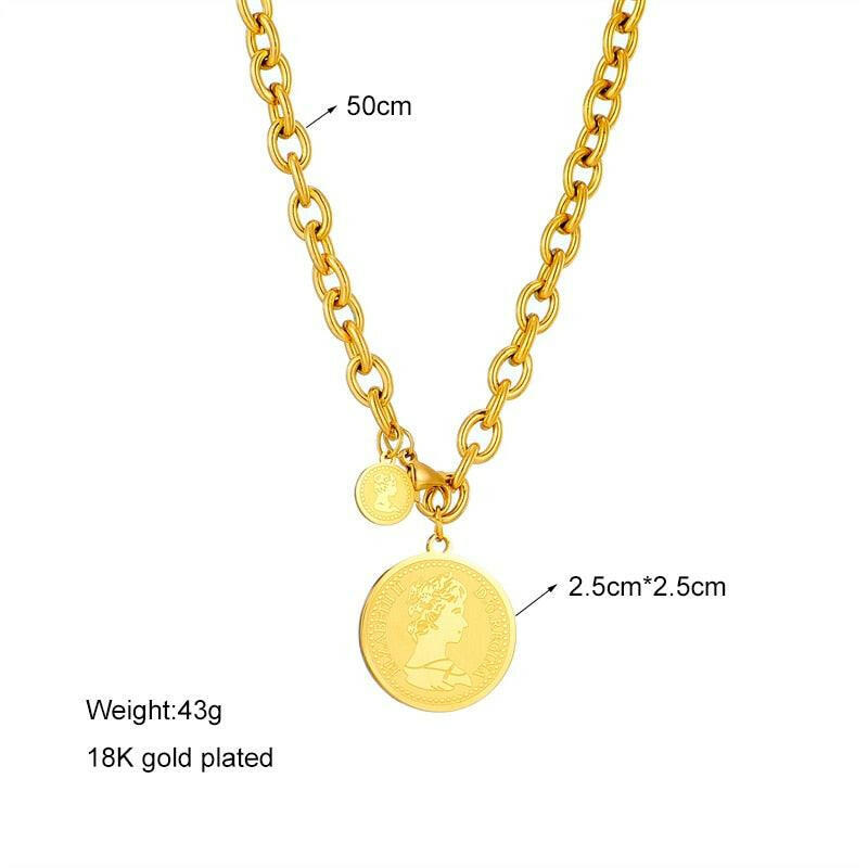 Stainless Steel Gold Round Portrait Coin Necklace 