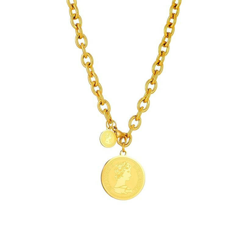 Stainless Steel Gold Round Portrait Coin Necklace 