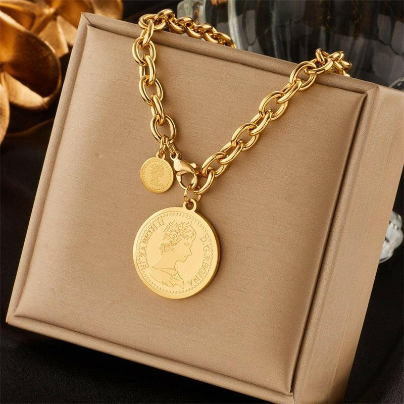 Stainless Steel Gold Round Portrait Coin Necklace 