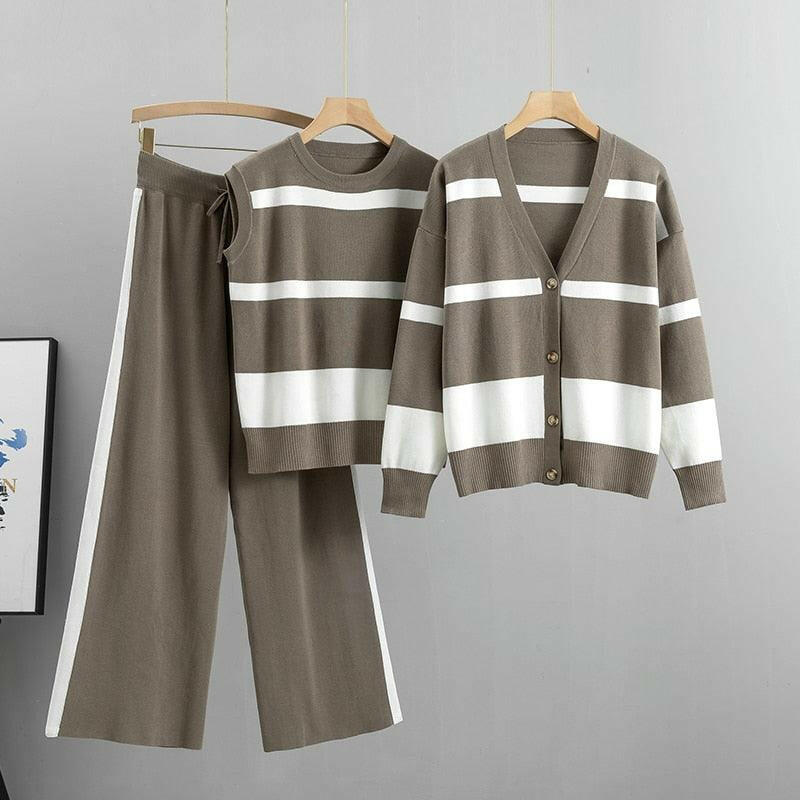 Women’s 3 Piece Striped Sweater Jacket + Pants Set | On sale