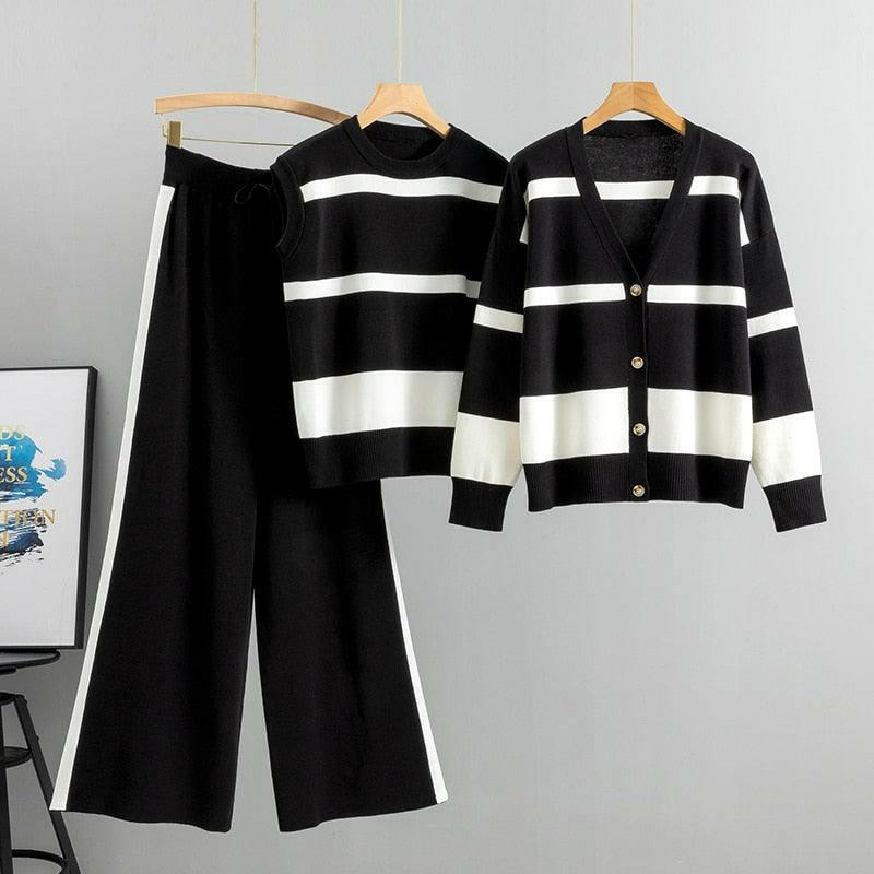 Women’s 3 Piece Striped Sweater Jacket + Pants Set | On sale