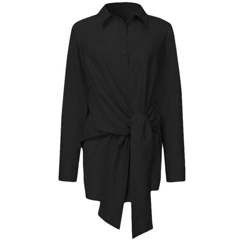 Long Sleeve Lapel Front Tie Shirt 