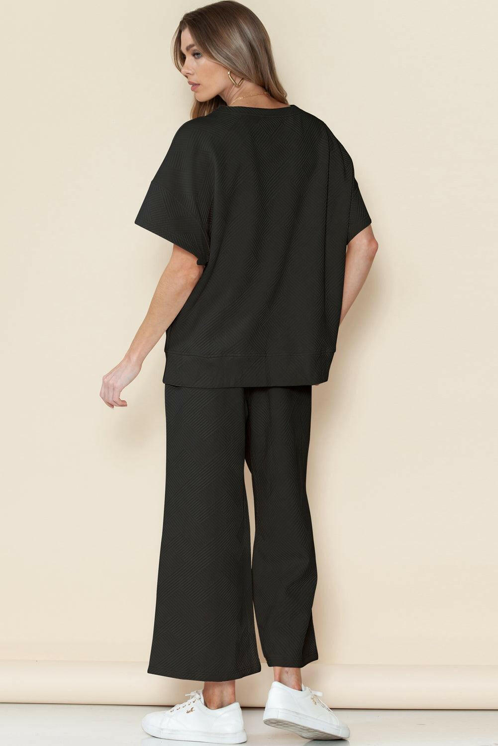 Textured Loose Fit T Shirt and Drawstring Pants Set