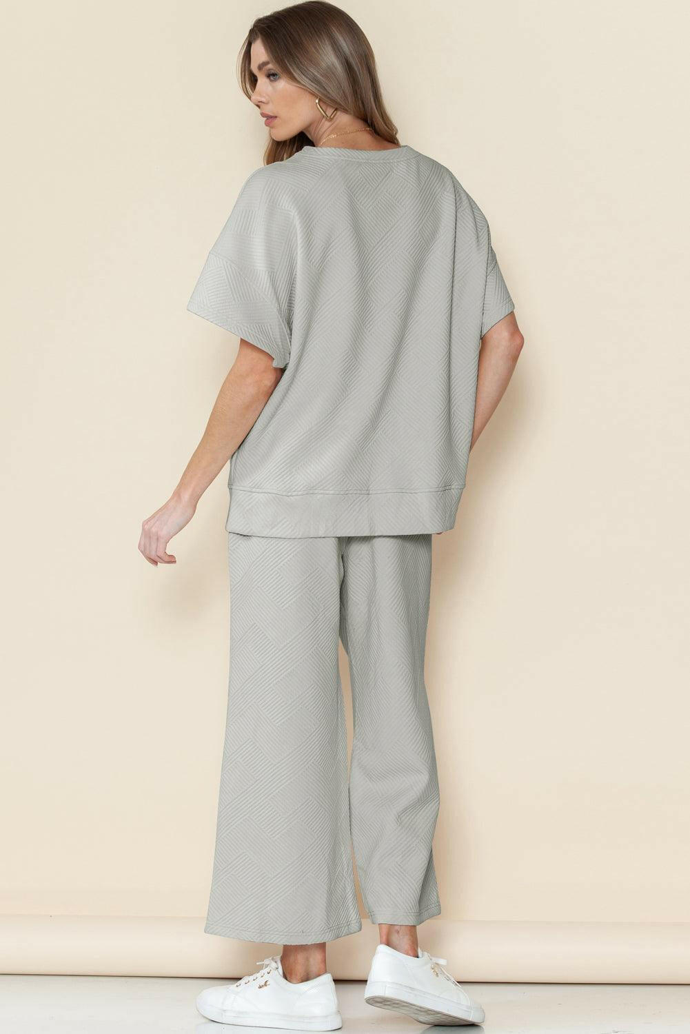 Textured Loose Fit T Shirt and Drawstring Pants Set