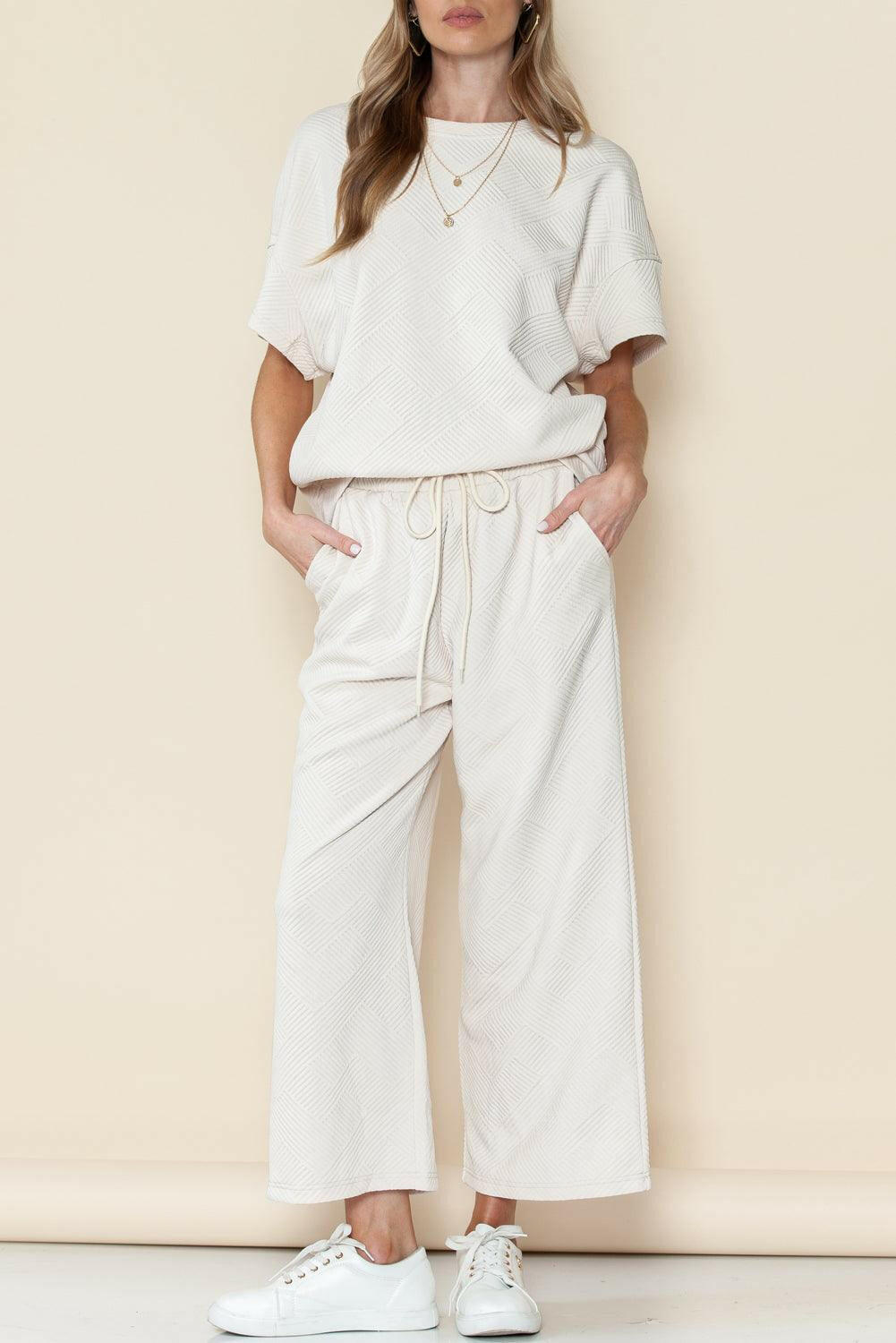 Textured Loose Fit T Shirt and Drawstring Pants Set