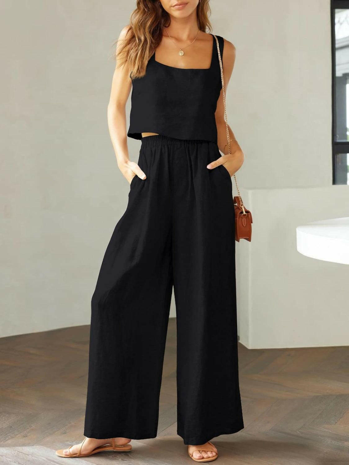 Square Neck Top and Wide Leg Pants Set for Timeless Elegance