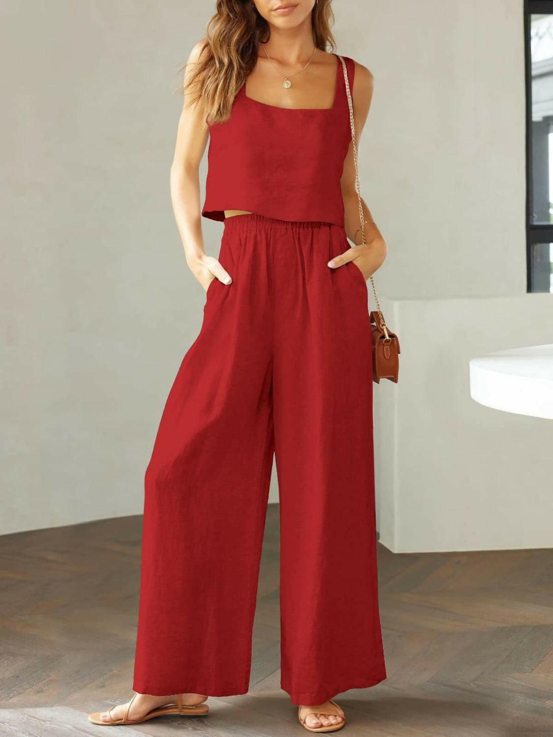 Square Neck Top and Wide Leg Pants Set for Timeless Elegance