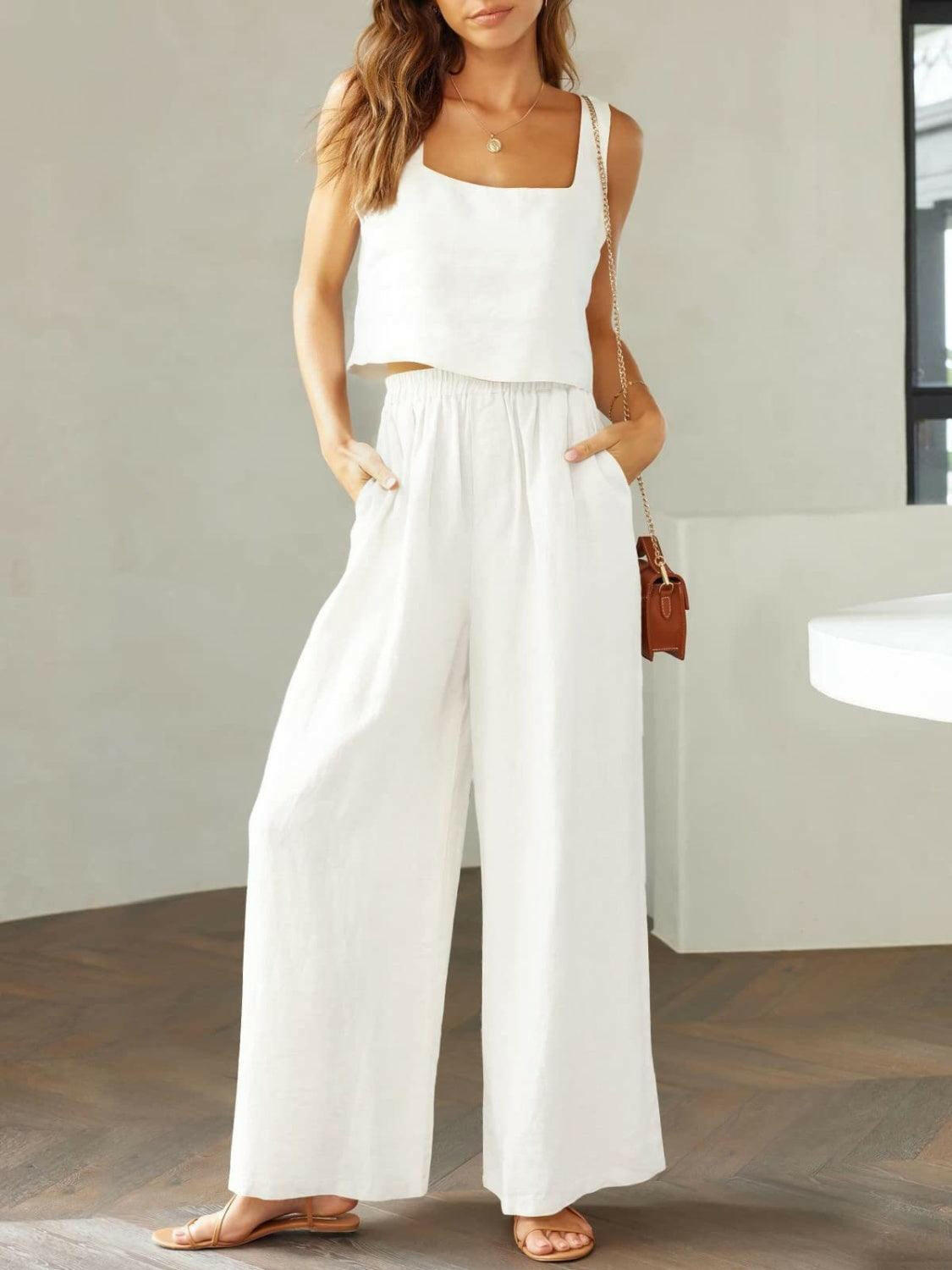 Square Neck Top and Wide Leg Pants Set for Timeless Elegance