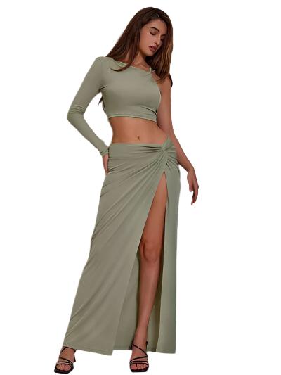 Single Shoulder Top and Split Skirt Set