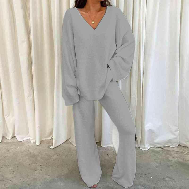 V - Neck Long Sleeve Top and Pants Set