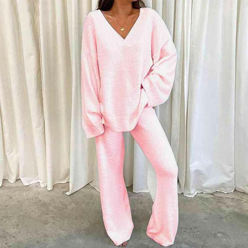 V - Neck Long Sleeve Top and Pants Set