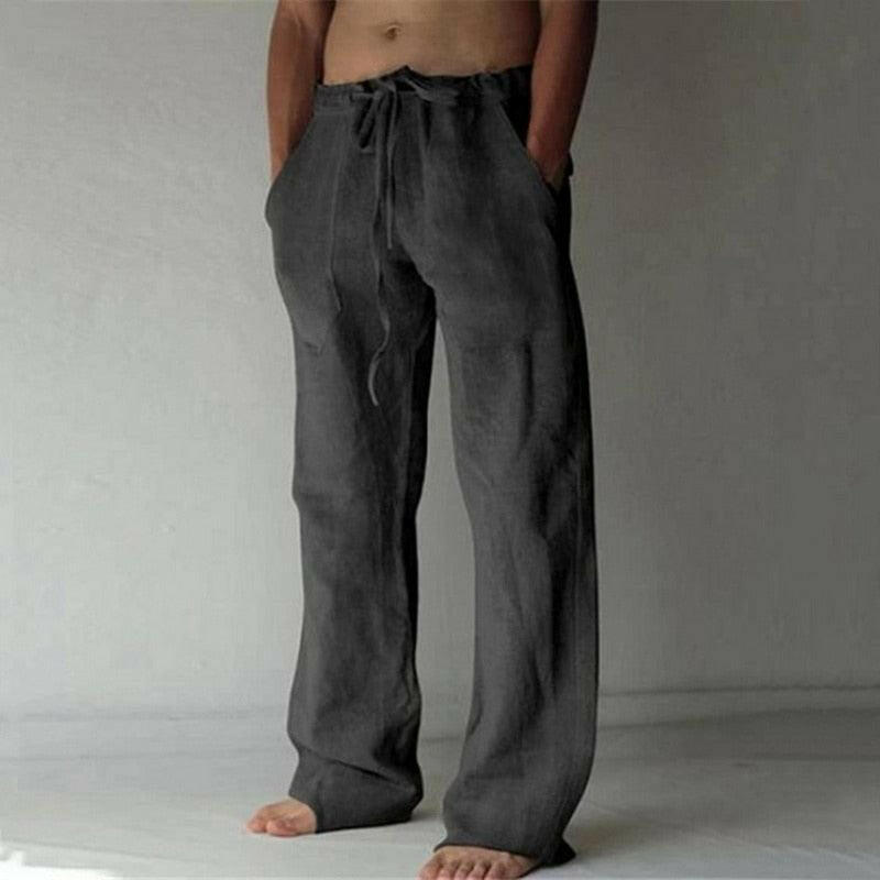 Casual Men&#39;s Cotton Linen Pants Fashion Solid Pocket Drawstring Baggy Trousers Comfort Loose Wide Leg Pant Streetwear Sweatpants 