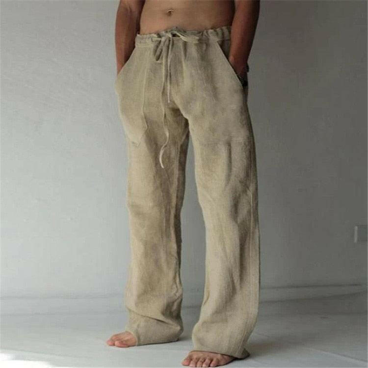 Casual Men&#39;s Cotton Linen Pants Fashion Solid Pocket Drawstring Baggy Trousers Comfort Loose Wide Leg Pant Streetwear Sweatpants 