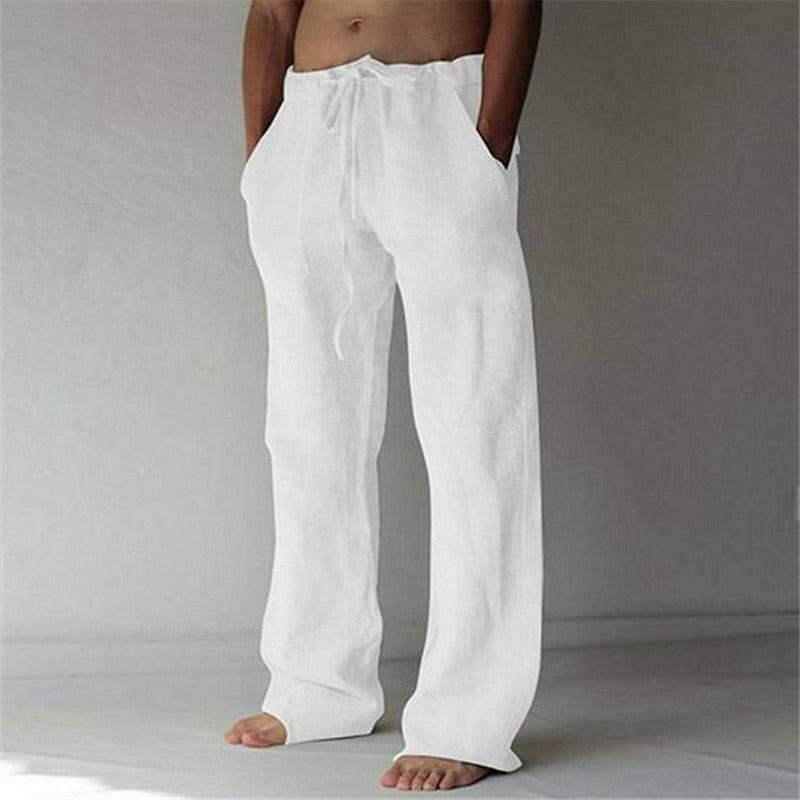 Casual Men&#39;s Cotton Linen Pants Fashion Solid Pocket Drawstring Baggy Trousers Comfort Loose Wide Leg Pant Streetwear Sweatpants 