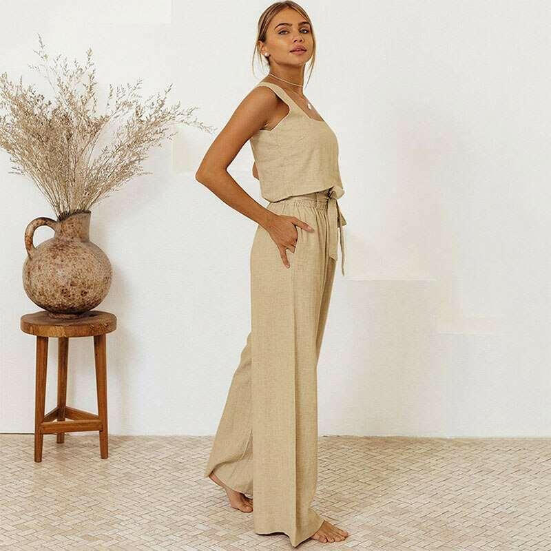 Cotton Linen Sleeveless Women Pants Suit 