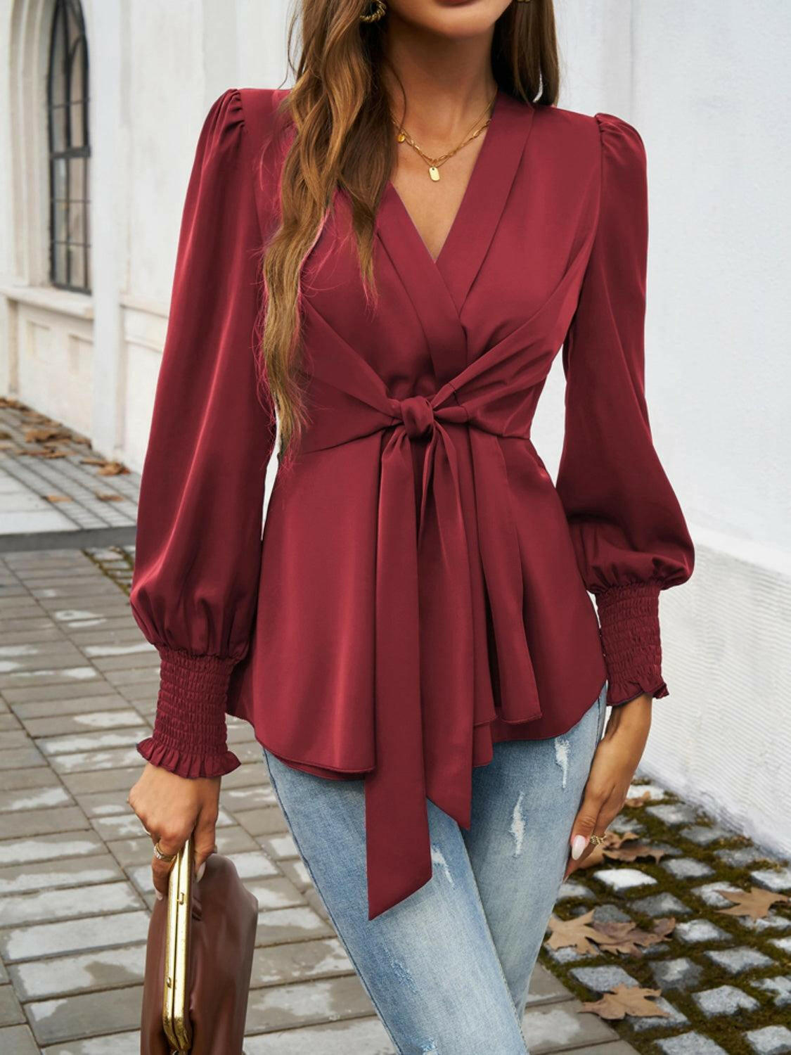 Smocked Surplice Long Sleeve Blouse for Elegance