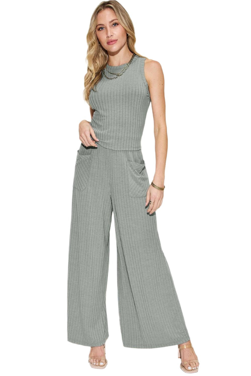 Full Size Ribbed Tank and Wide Leg Pants Set