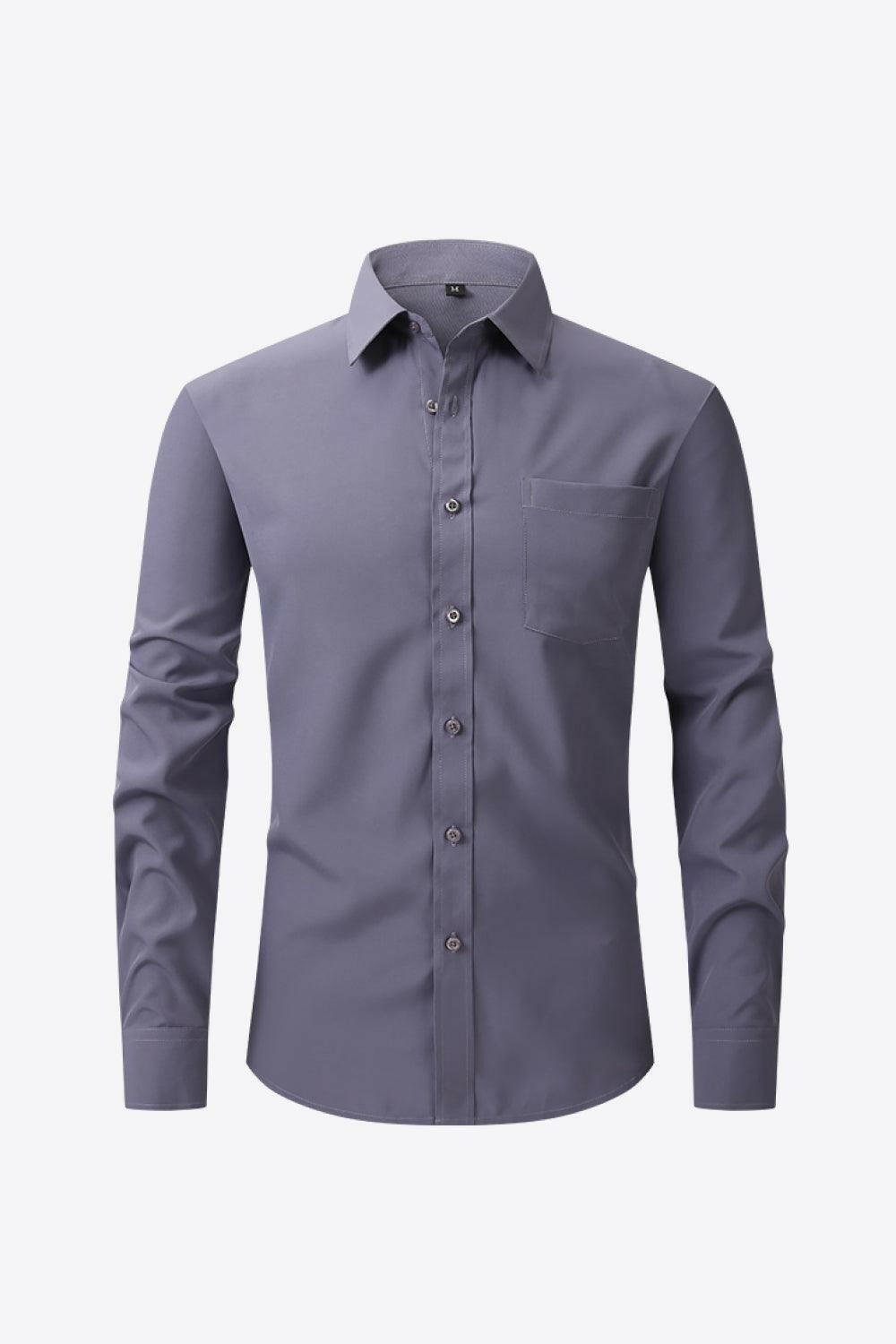 Button-Up Long Sleeve Pocket Collared Shirt 