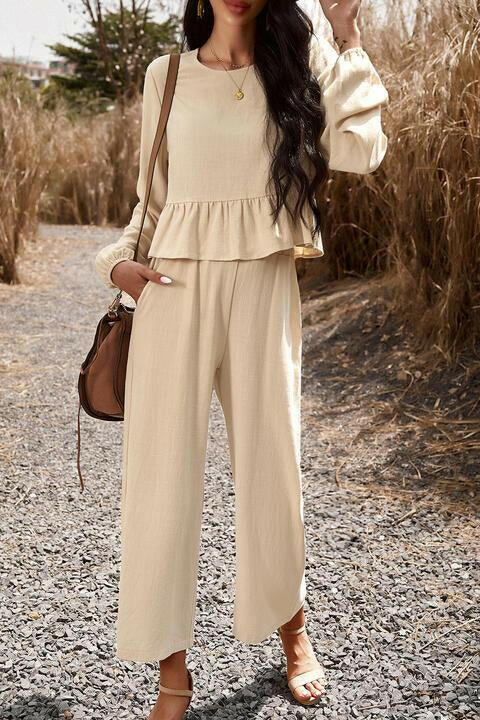 Round Neck Peplum Top and Pants Set