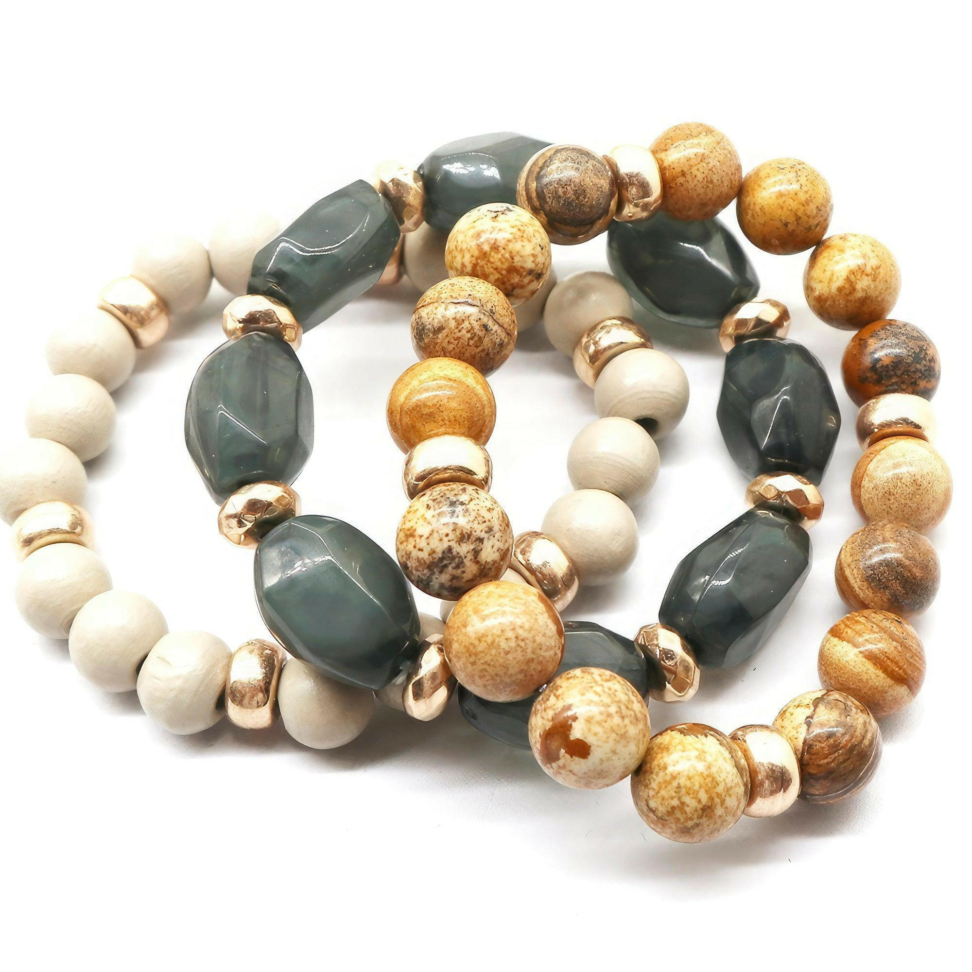 Semi-Precious Stone Wood Bead Bracelet Set